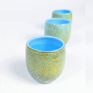 Artisan Hand Blown Glass Votive Candle Holders Set Blue Yellow Splatter 3pc